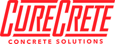 A red and green logo for recarre concrete solutions.