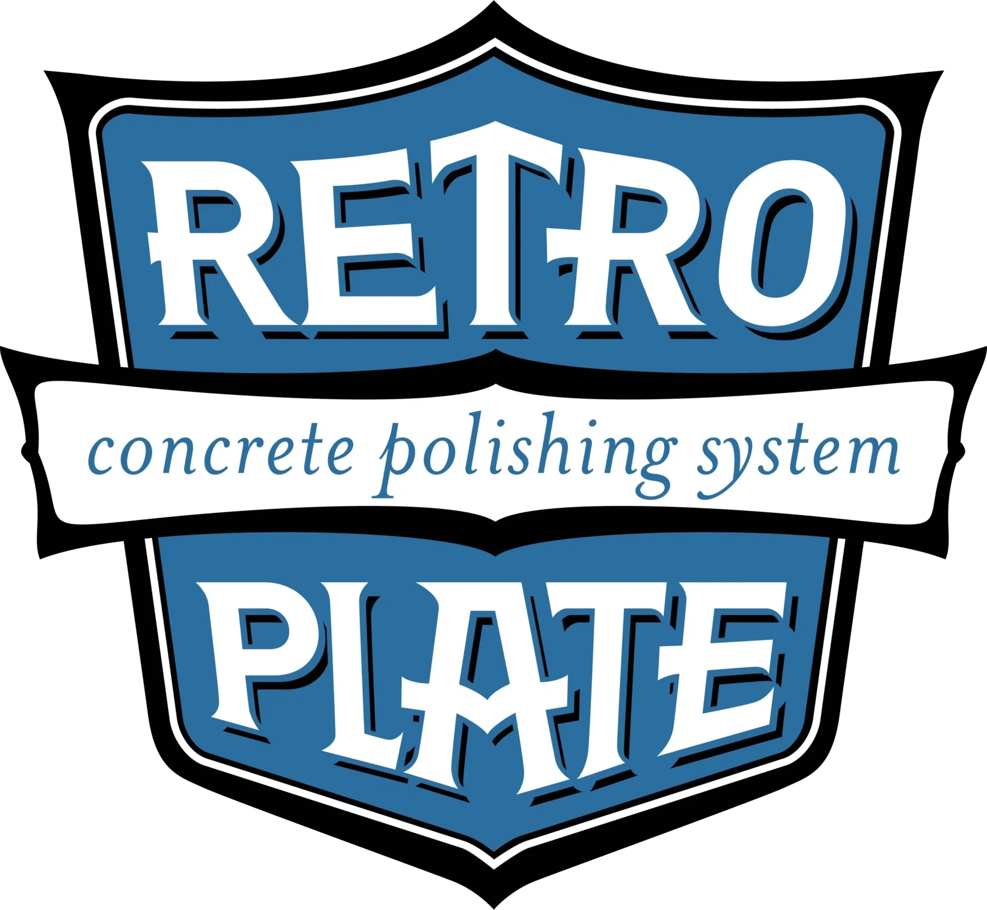 A blue and white logo for retro plate.
