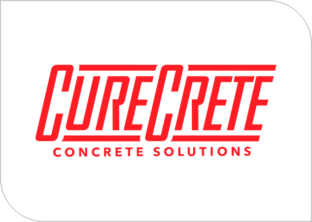 A red and white logo of curecrete concrete solutions.