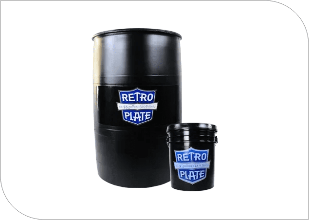 A black barrel and bucket with blue lettering.